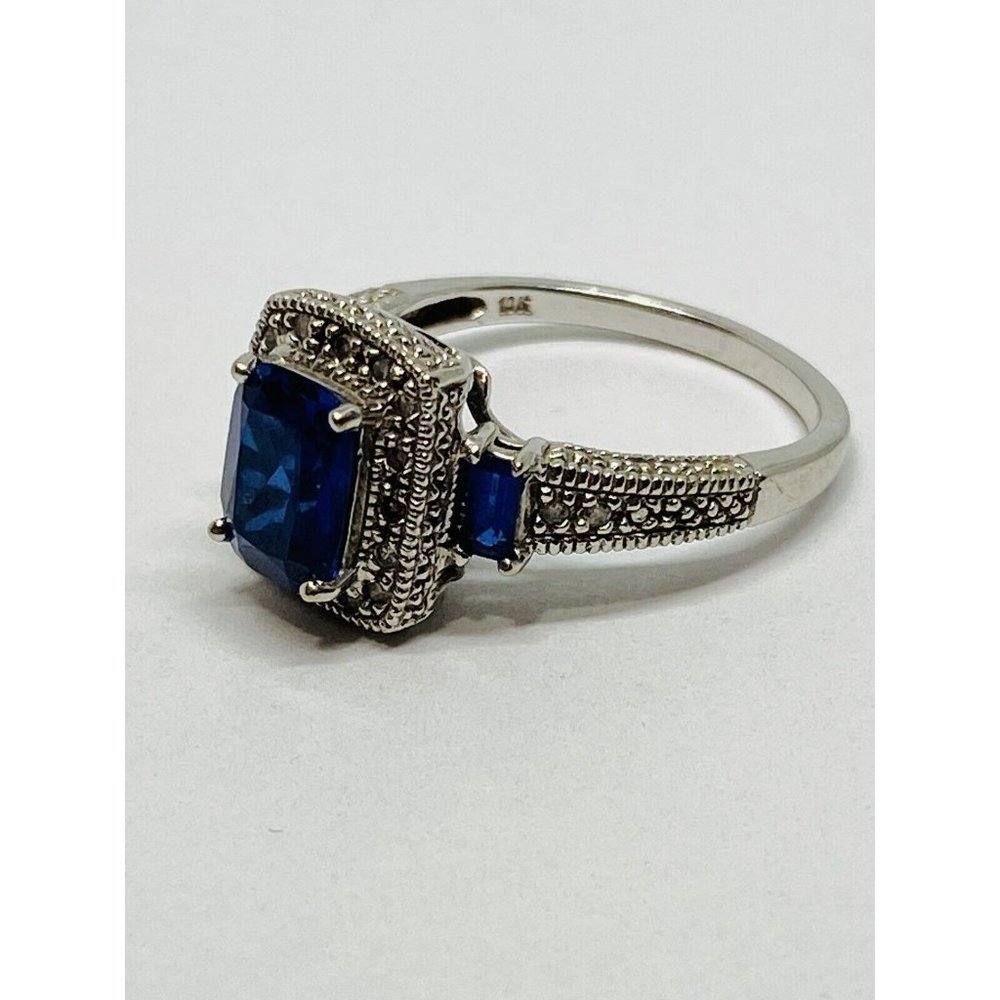 10k White Gold Blue Sapphire & Diamond Halo Ring Signed FLI Size 6.75 - Picture 8 of 12